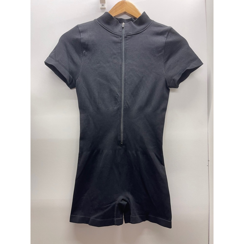 OQQ Womens Ribbed Short Sleeve Romper Black Zip Front Athletic Bodysuit Large